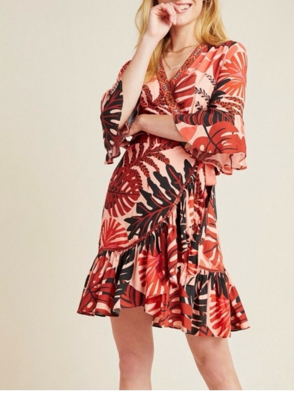 Coral Botanical Wrap Dress - Women